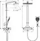 Hansgrohe Duschsystem mit Regendusche und Handbrause, vertikal montiert. Diagramm zeigt Abmessungen und Anschlussstellen in technischer Zeichnung.